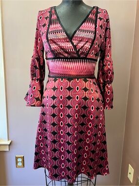 Bisou Bisou by Michele Bohbot Geometric Retro Like Tiered Puff Sleeves Dress S